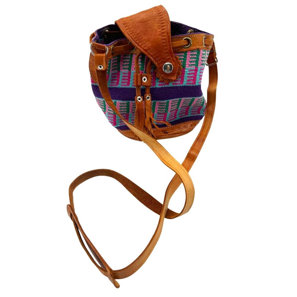 Handmade Boho Bucket Crossbody Bag With Leather Accents & Adjustable‎ Strap